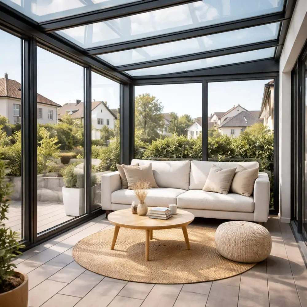 veranda-salon-dans-le-jardin Intérieur d'une véranda avec un canapé, une table basse, une plante et un tapis