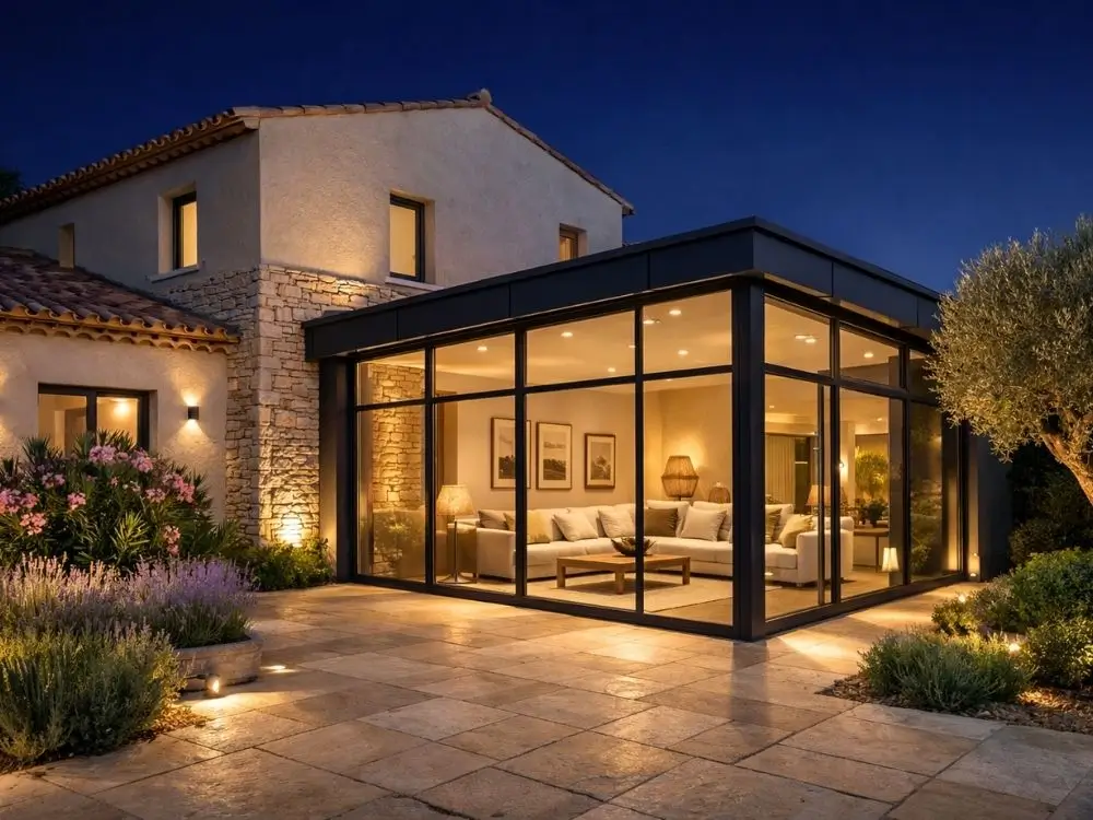 veranda-villa-sud-de-la-france Véranda d'une villa du sud de la France pendant la nuit